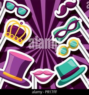 party mask night sticks glasses crown hat moustache mouth vector illustration Stock Vector