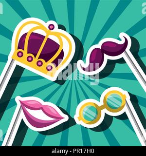 party mask night moustache mouth glasses and crown sticks vector illustration Stock Vector