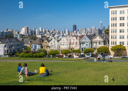 View of Painted Ladies, Victorian wooden houses, Alamo Square, San Francisco, California, United States of America, North America Stock Photo