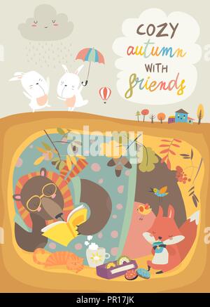 Cute animals reading book in den. Hello autumn Stock Vector