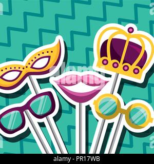 party mask night blanket mouth glasses crown selfie sticks vector illustration Stock Vector