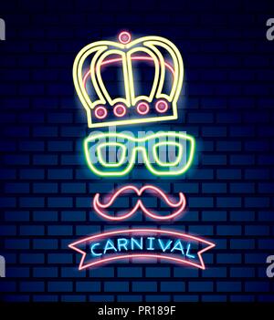 party mask night carnival neon ribbon glasses crown vector illustration Stock Vector