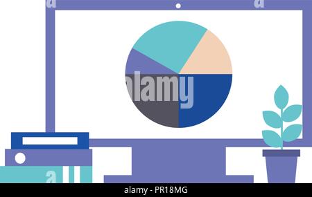 office computer statistics chart pie binders and plant vector illustration Stock Vector