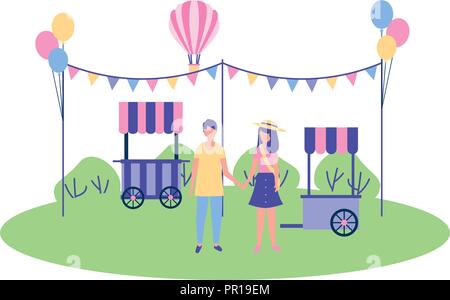couple holding hands in the park booth garland balloons vector illustration Stock Vector