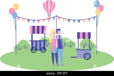 couple holding hands in the park booth garland balloons vector illustration Stock Vector