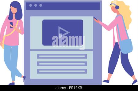 two woman using smartphone website window vector illustration Stock Vector