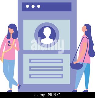 two woman using smartphone website window vector illustration Stock Vector