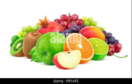 Heap of different fruits and berries isolated on white background with clipping path Stock Photo