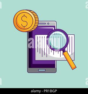 cyber monday coin money magnifying glass checking document smartphone vector illustration Stock Vector