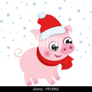 Cartoon christmas pig in Santa's hat Stock Vector