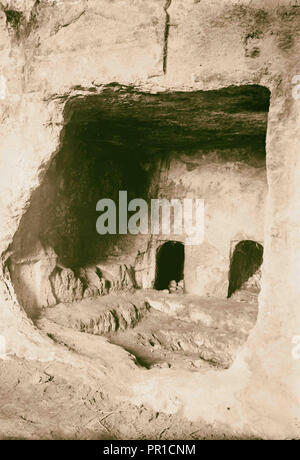 Valleys of Jehoshaphat and Hinnom A rock-hewn tomb at Akeldama. interior & loculi. 1920, Jerusalem, Israel Stock Photo