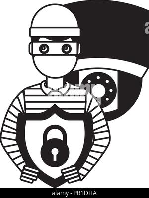 hacker thief holding shield protection camera surveillance vector illustration Stock Vector