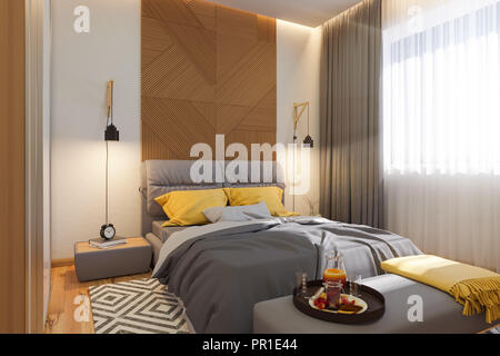 3d illustration, bedroom interior design concept. Visualization of the interior in the Scandinavian architectural style. Render in warm, natural color Stock Photo