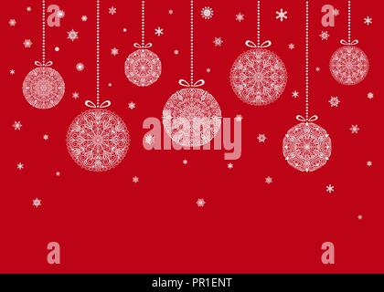 Christmas Balls hanging on red background. Mandala decorative design elements. Falling snowflakes and beads. Intricate flourish Happy New Year Card. Stock Vector