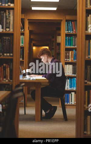 College student using laptop in library Stock Photo