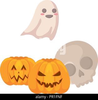 skull with ghost and halloween pumpkins over white background, vector illustration Stock Vector