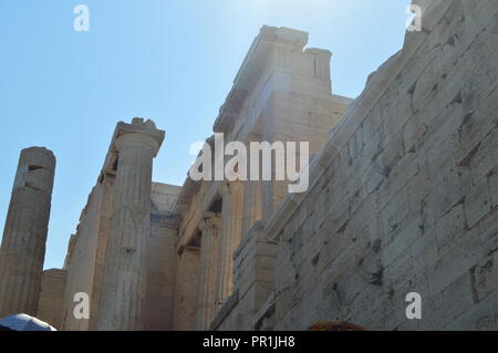 Propylaea of the Acropolis of Athens Viewed From Its Inner Side Part. Architecture, History, Travel, Landscapes. July 9, 2018. Athens Greece. Stock Photo