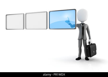 3d man pushing on a virtual screen Stock Photo