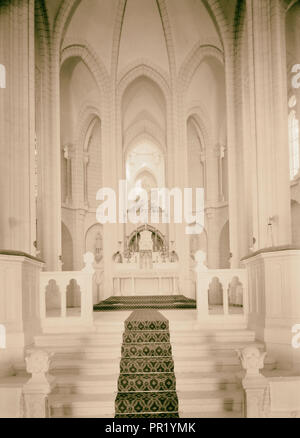 French church & orphanage of 'Jesus Adolescent' in Nazareth. Int[erior] of basilica taken closer up to altar. 1940, Israel Stock Photo