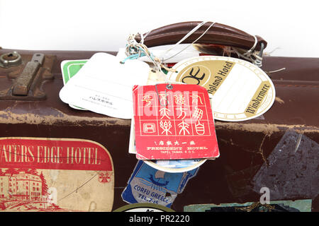 Vintage Leather Everlasta Suitcase with Travel Stickers and Labels Stock Photo