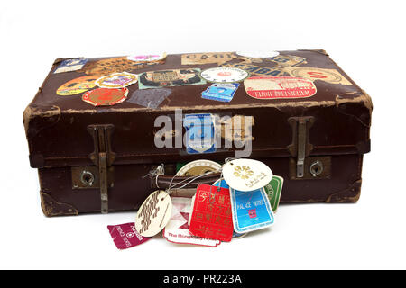 Vintage Leather Everlasta Suitcase with Travel Labels and Stickers Stock Photo