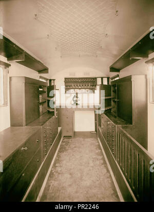 Mobile medical unit for Bedouin tribes in Transjordan. The dispensary van. Interior. 1934, Jordan Stock Photo