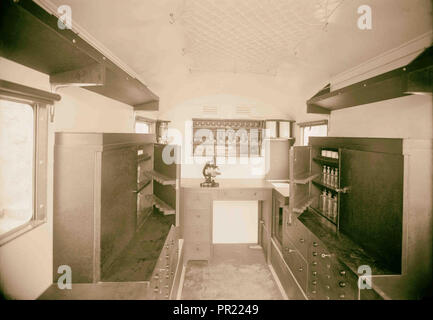 Mobile medical unit for Bedouin tribes in Transjordan. The dispensary van. Interior. 1934, Jordan Stock Photo