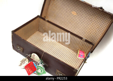 Vintage Leather Everlasta Suitcase with Travel Labels on handle Stock Photo