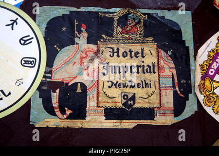 Vintage Leather Everlasta Suitcase with Travel Stickers - Hotel Imperial New Delhi Stock Photo