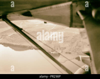 Egypt. Thebes to southern border of Egypt. Air view. Abou Simbel showing monuments by river's edge. 1936, Egypt Stock Photo