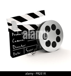 3d clapper board and film roll on white background Stock Photo