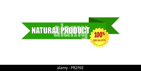 Green ribbon with the inscription natural product and gold medallion 100 percent quality Stock Vector