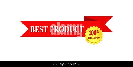 Red ribbon with the inscription Best Product and a gold medallion 100 percent quality Stock Vector
