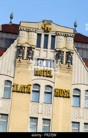 Hotel Zlatá Husa in Wenceslaus Square in Prague, Czech Republic. The building designed by Czech Art Nouveau architect Emil Králíček was built in 1909-1910. Stock Photo