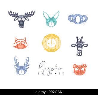 Set of animals authentic graphic rabbit, panda, raccoon, lion, giraffe, antelope, deer, bear, moose drawing in different colors Stock Vector