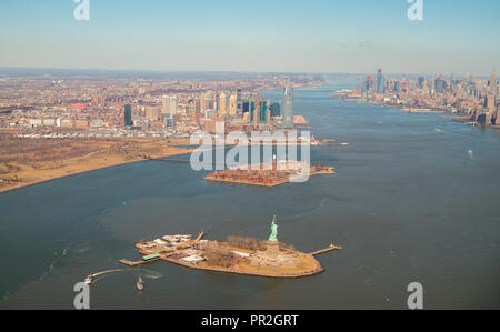 Ellis and Liberty Islands with Hudson River in background seen from the sky Stock Photo