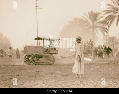 Medical College, Baghdad & road bldg. [i.e., building], Tractor pulling cart. 1932, Iraq, Baghdad Stock Photo