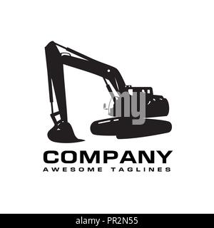 Excavators Construction machinery logo, Hydraulic mining excavator vector logo,. Heavy construction equipment symbol with boom dipper and bucket Stock Vector