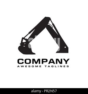Excavators Construction machinery logo, Hydraulic mining excavator vector logo,. Heavy construction equipment symbol with boom dipper and bucket Stock Vector