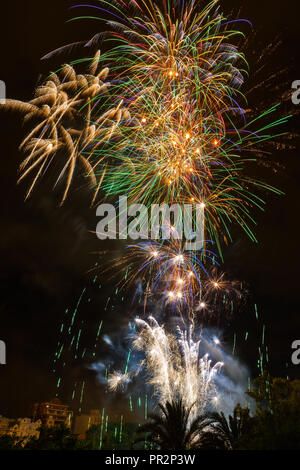 A colorful nighttime fireworks display over the dry riverbed in Valencia, Spain for one of their many pyrotechnic heavy celebrations Stock Photo