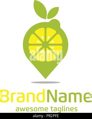 lemon pin logo concept, lemon place and leaf logo, lemon finding place logo, fresh pin logo,fruit place logo concept Stock Vector