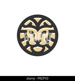 lion head circle bold line flat style business company logo, creative best circle lion head modern logo concept Stock Vector