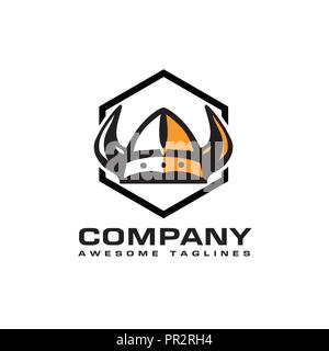 Viking horned helmet with hexagon background logo , Scandinavian viking warrior logo, simple medieval barbarian helmet, Nordic culture vector illustra Stock Vector