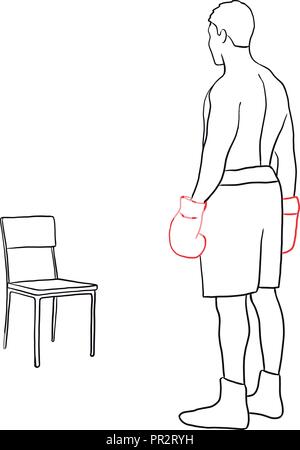 Hand drawn vector digital illustration or drawing of a man with boxing gloves and a chair Stock Vector