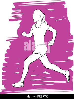 Hand drawn vector digital illustration or drawing of a woman running on pink background Stock Vector