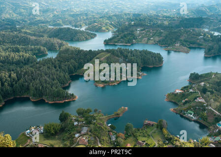 View over the lakes and group of islands from the El Peñol (The Rock of Guatapé). Guatape, Antioquia, Colombia. Sep 2018 Stock Photo