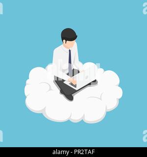 Flat 3d isometric businessman working on laptop while sitting on the cloud. Cloud computing and success concept. Stock Vector
