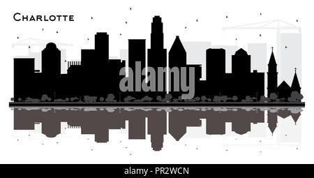 Charlotte City skyline black and white silhouette with Reflections. Simple flat concept for tourism presentation, banner, placard or web site. Stock Vector