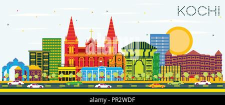 Kochi India City Skyline with Color Buildings and Blue Sky. Vector Illustration. Business Travel and Tourism Concept with Historic Architecture. Stock Vector