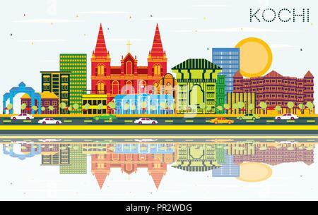 Kochi India City Skyline with Color Buildings, Blue Sky and Reflections. Vector Illustration. Business Travel and Tourism Concept Stock Vector